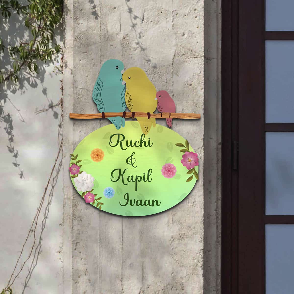 Name Plate for Family of 4 – Love-Bird Branch Cut-Out for Entrance - Sblossom