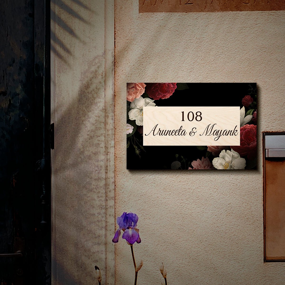 Name Plate for Flat Entrance – Dark Floral Rose Design - Sblossom