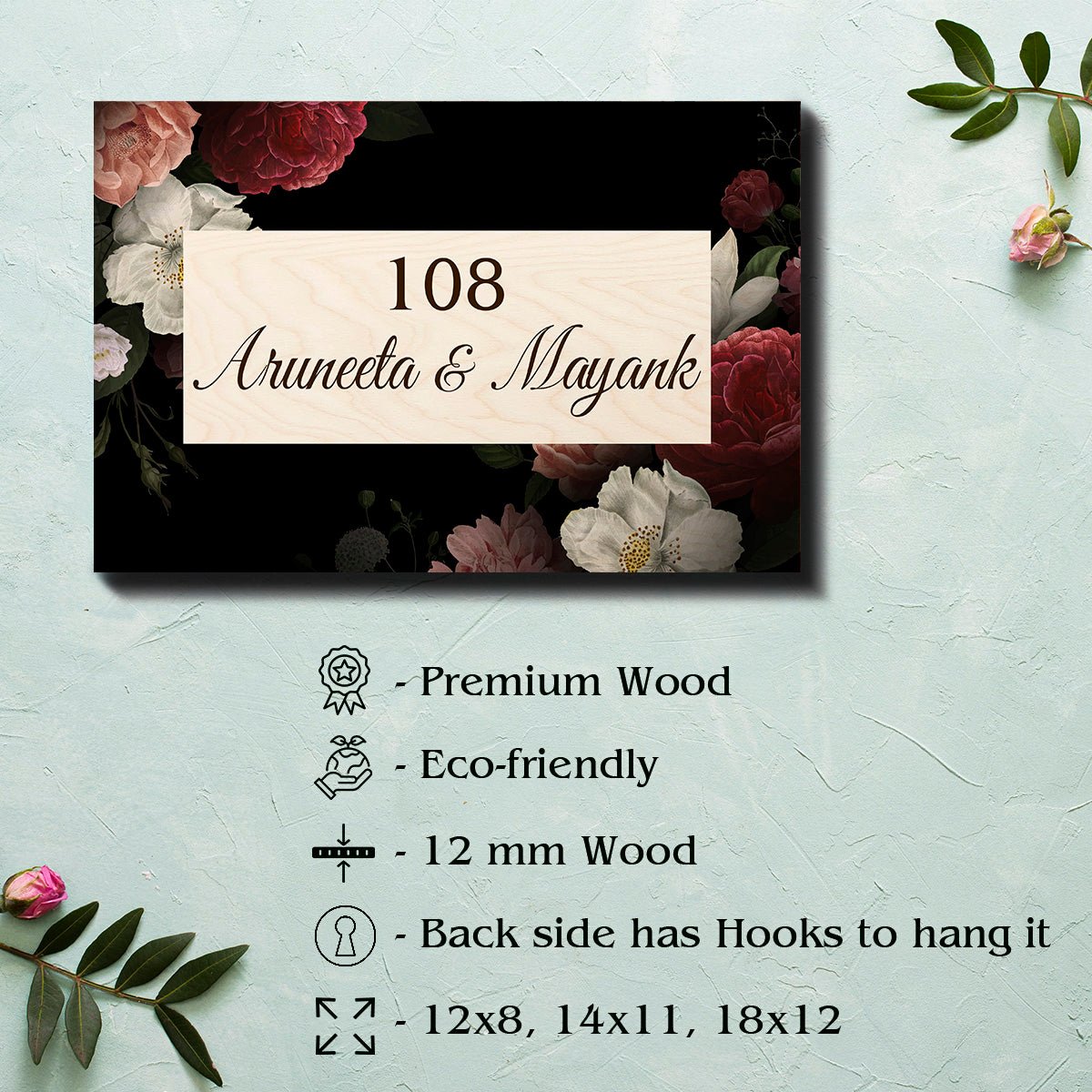 Name Plate for Flat Entrance – Dark Floral Rose Design - Sblossom
