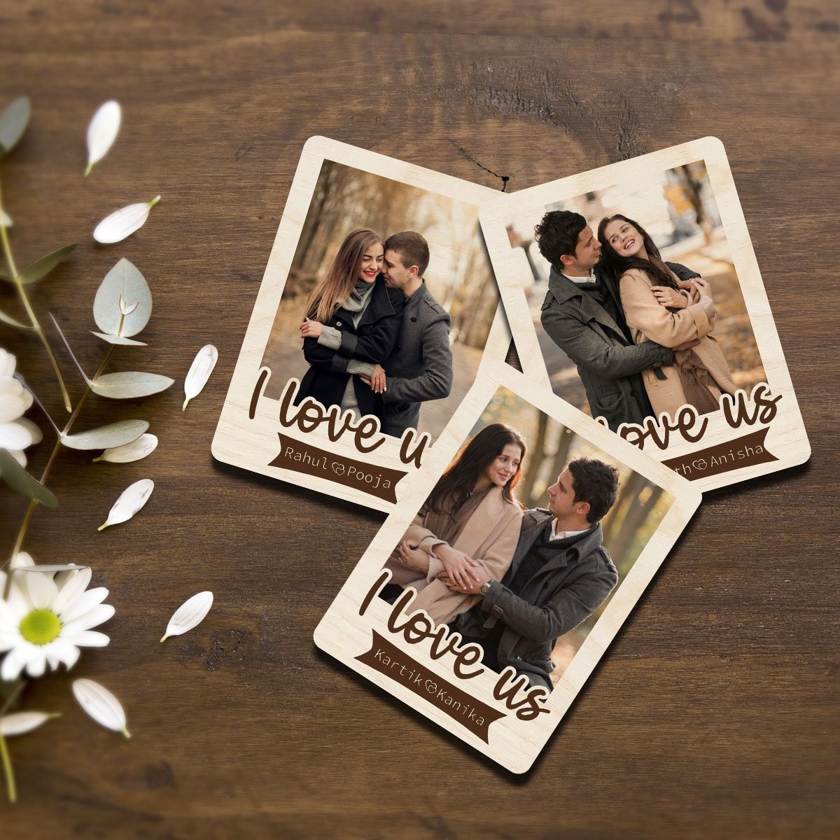 Names Banner Couple Magnet in Wood with I Love Us Photo Design - Sblossom