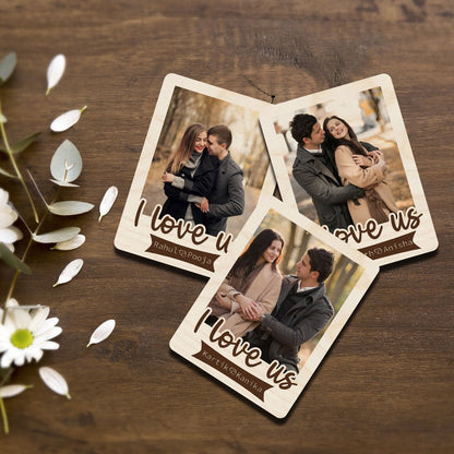 Names Banner Couple Magnet in Wood with I Love Us Photo Design - Sblossom