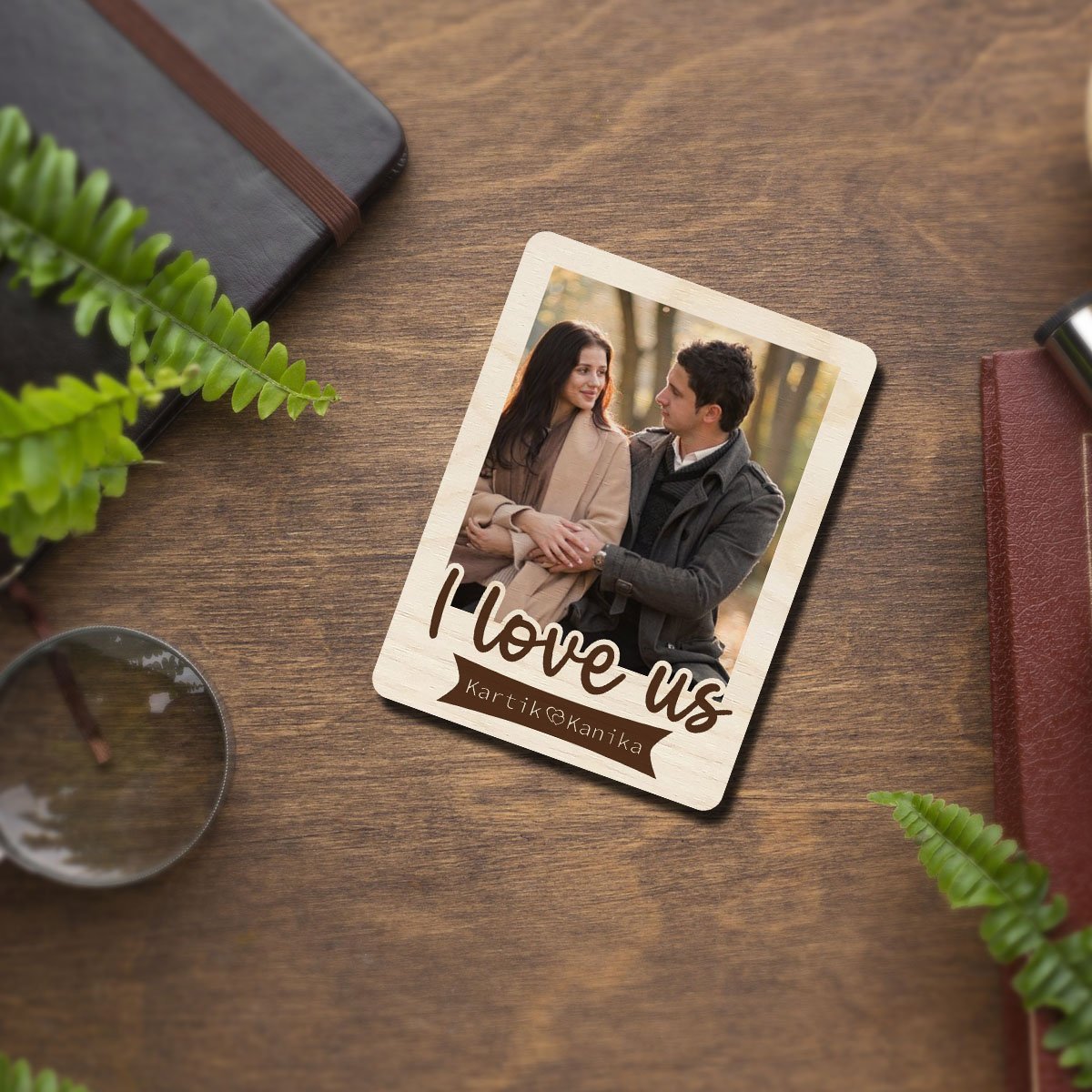 Names Banner Couple Magnet in Wood with I Love Us Photo Design - Sblossom