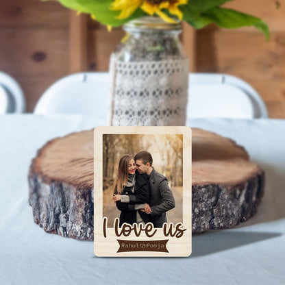 Names Banner Couple Magnet in Wood with I Love Us Photo Design - Sblossom