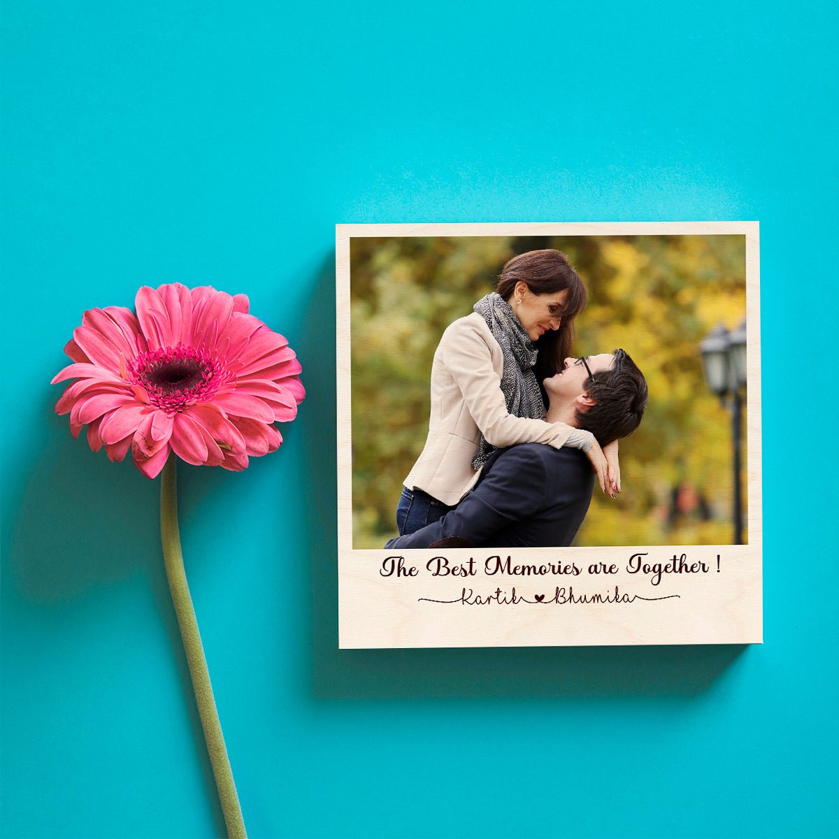 Natural Wood Photo Print with Personalized Floral Couple Design - Sblossom