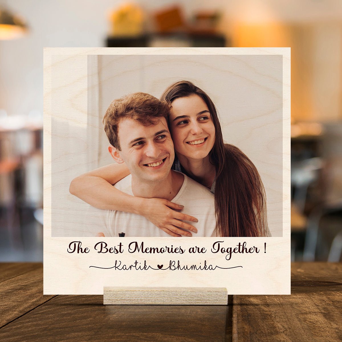 Natural Wood Photo Print with Personalized Floral Couple Design - Sblossom