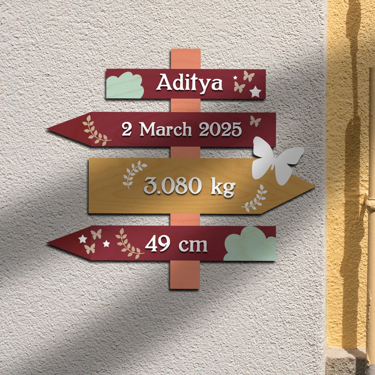 Newborn Name Plate — Wooden Signpost Milestones, 12x12 Inch - Sblossom