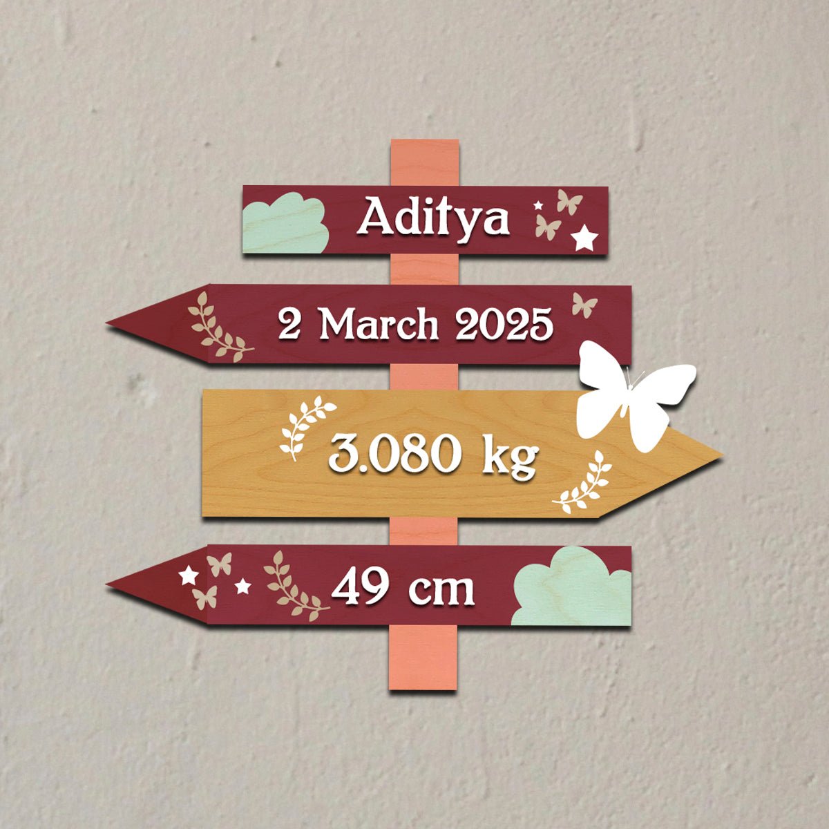 Newborn Name Plate — Wooden Signpost Milestones, 12x12 Inch - Sblossom