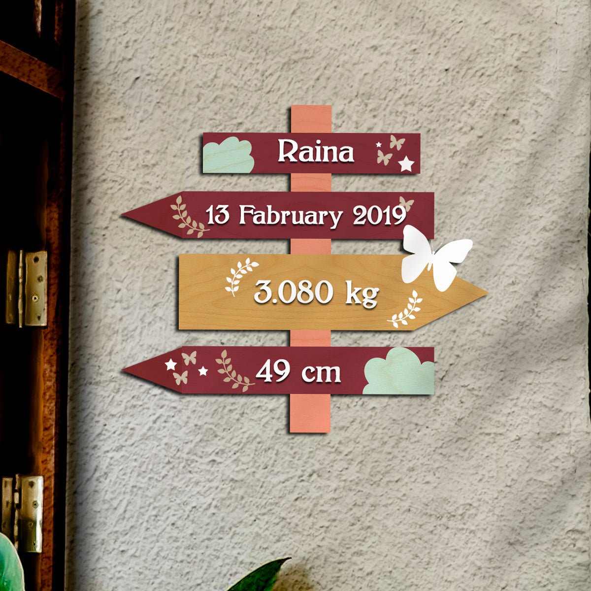 Newborn Name Plate — Wooden Signpost Milestones, 12x12 Inch - Sblossom
