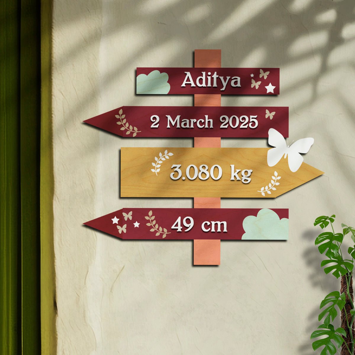 Newborn Name Plate — Wooden Signpost Milestones, 12x12 Inch - Sblossom