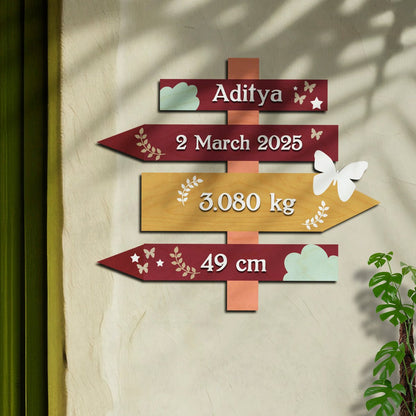 Newborn Name Plate — Wooden Signpost Milestones, 12x12 Inch - Sblossom