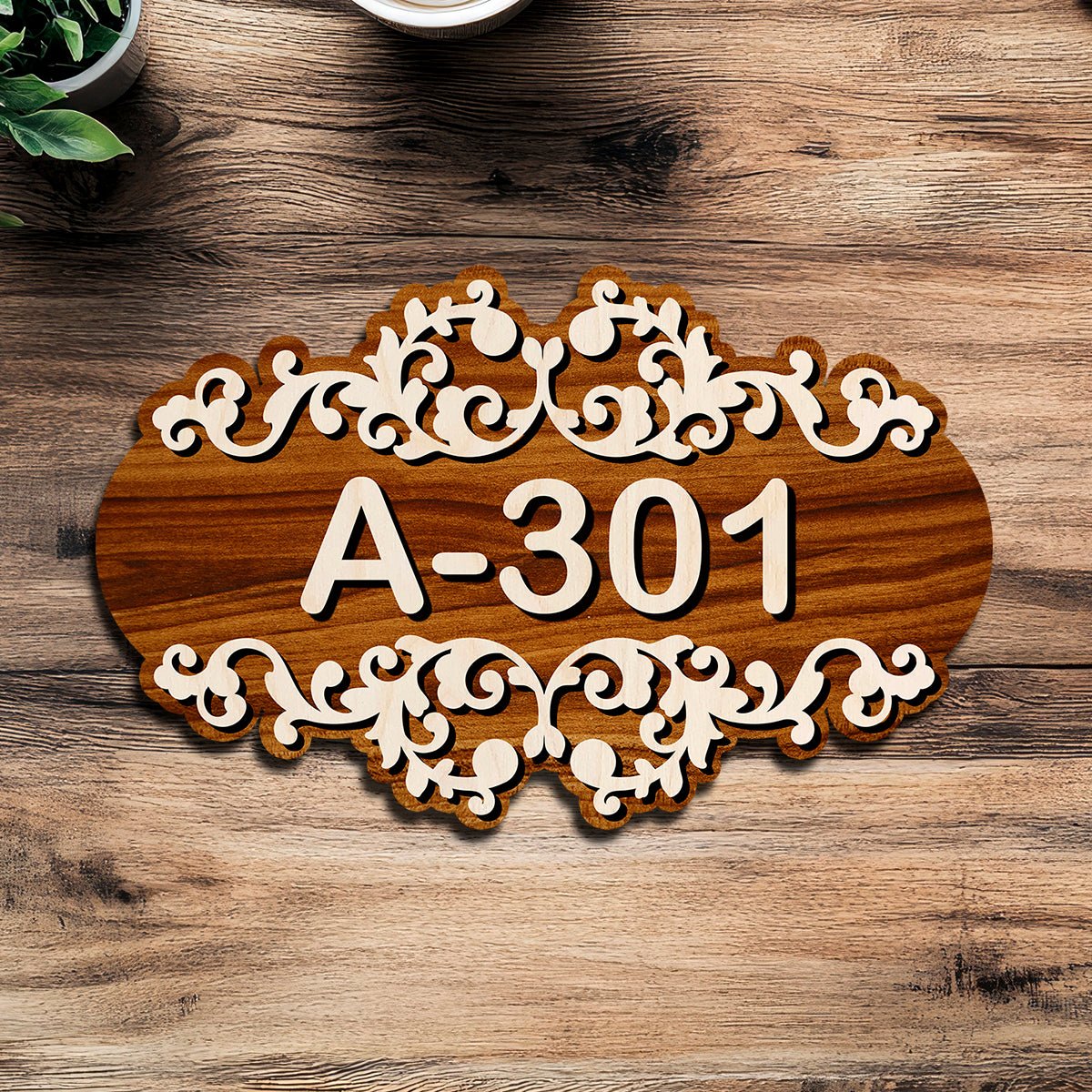 Number Plate for Home – Filigree Walnut Scroll in 3D - Sblossom