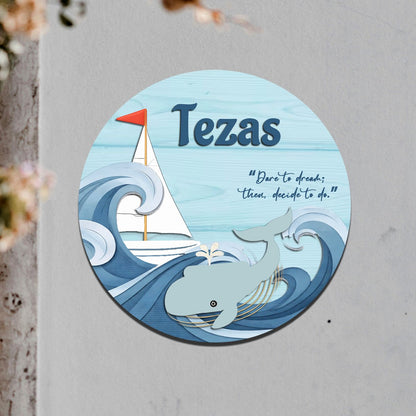 Ocean Name Plate for Kids Room — Wooden, Whale & Boat, 12x12 Inch - Sblossom