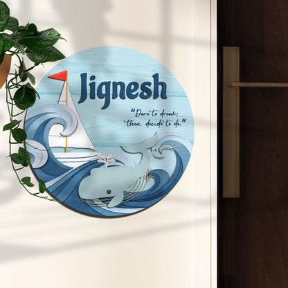 Ocean Name Plate for Kids Room — Wooden, Whale & Boat, 12x12 Inch - Sblossom