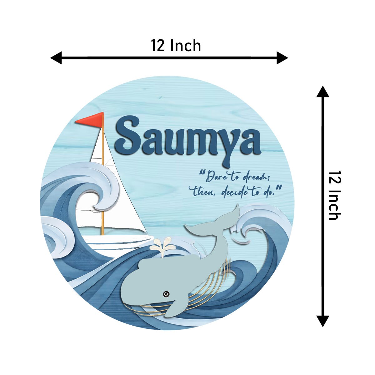 Ocean Name Plate for Kids Room — Wooden, Whale & Boat, 12x12 Inch - Sblossom