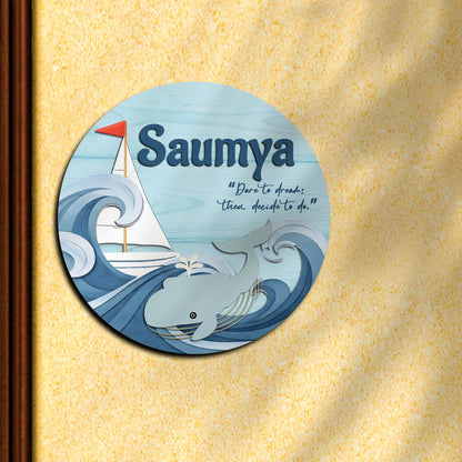 Ocean Name Plate for Kids Room — Wooden, Whale & Boat, 12x12 Inch - Sblossom
