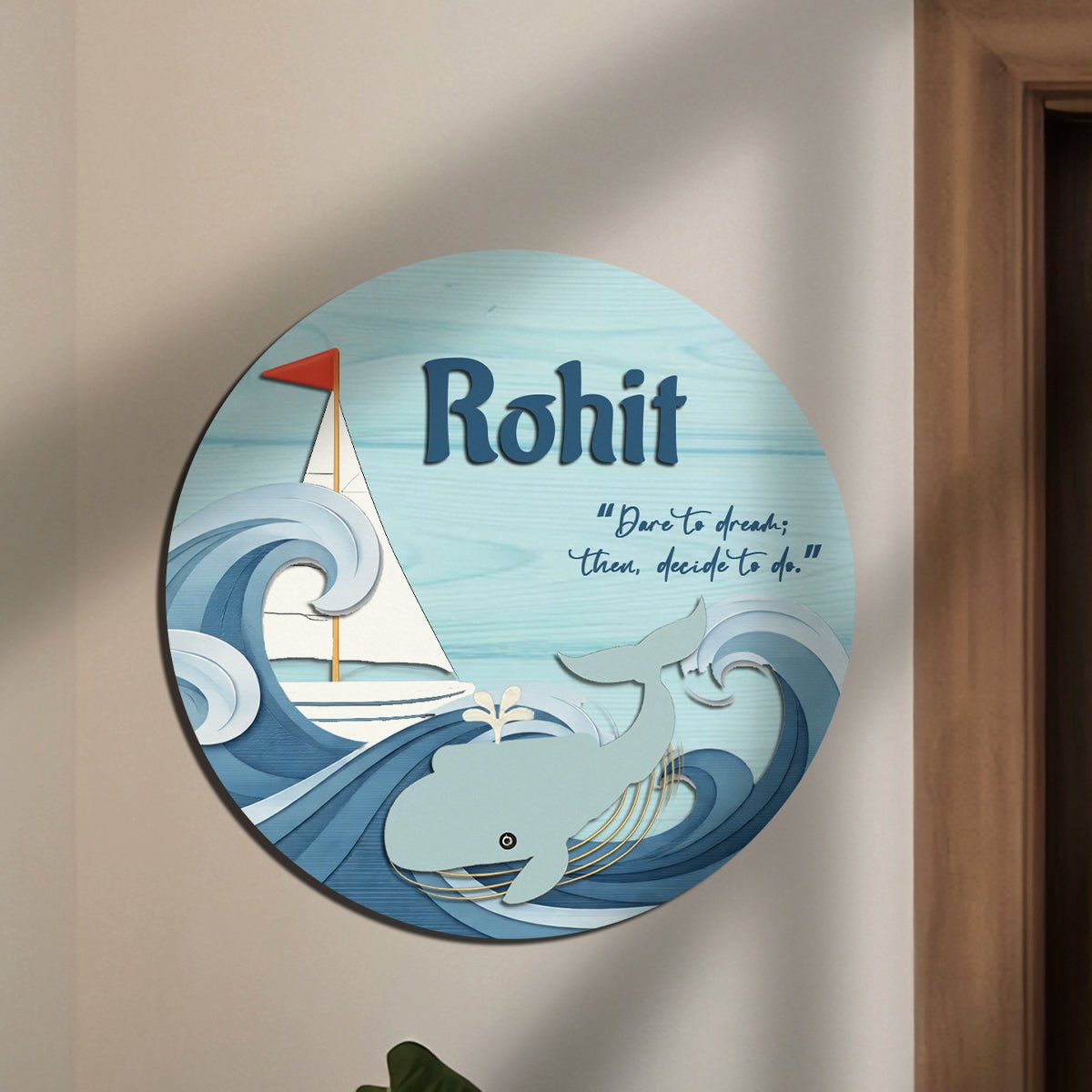 Ocean Name Plate for Kids Room — Wooden, Whale & Boat, 12x12 Inch - Sblossom