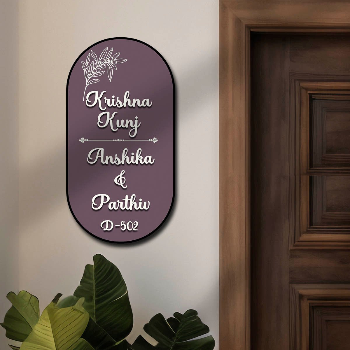 Olive Sprig Couple Name Plate for House Door – Acrylic on Birch Wood - Sblossom