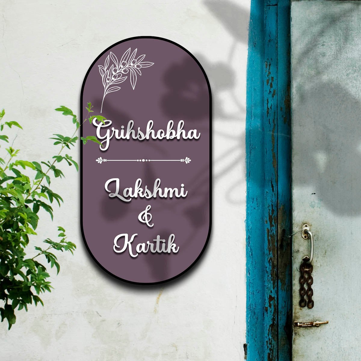 Olive Sprig Couple Name Plate for House Door – Acrylic on Birch Wood - Sblossom