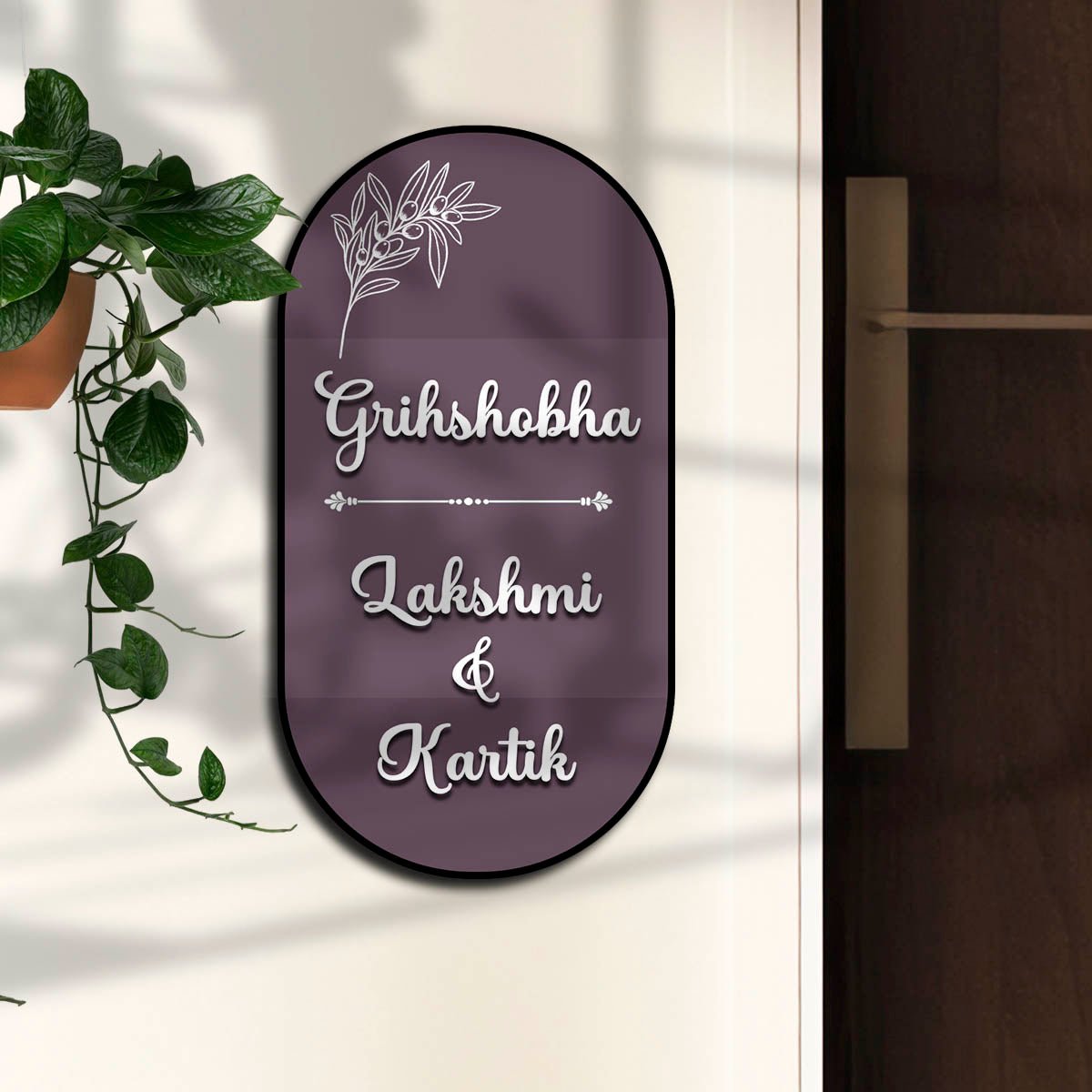 Olive Sprig Couple Name Plate for House Door – Acrylic on Birch Wood - Sblossom