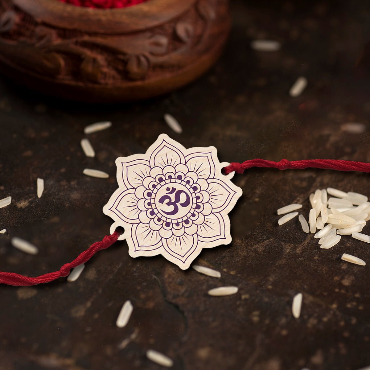 Om Rakhi for Brother in Wood with Spiritual Floral Design - Sblossom