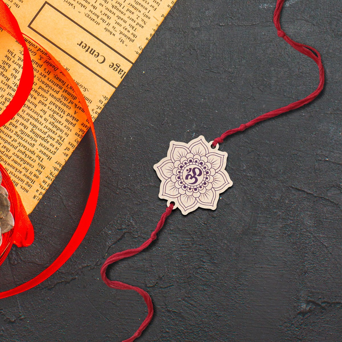Om Rakhi for Brother in Wood with Spiritual Floral Design - Sblossom