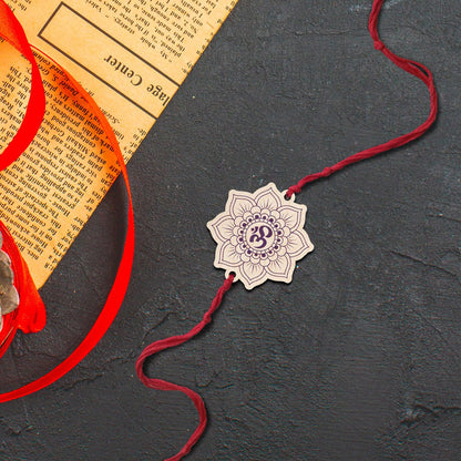 Om Rakhi for Brother in Wood with Spiritual Floral Design - Sblossom