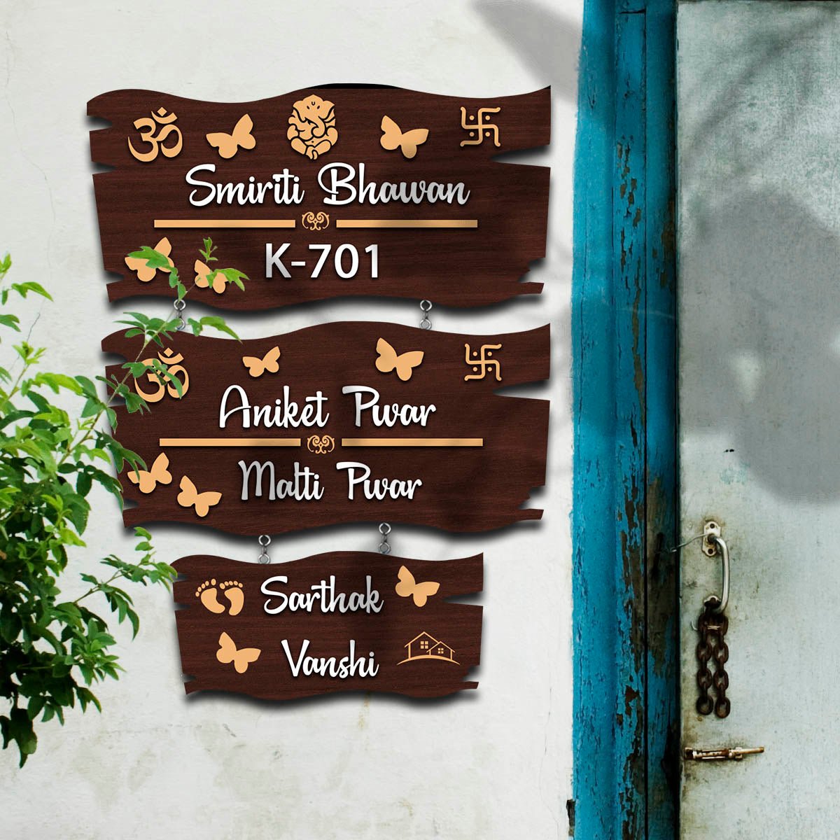 Om-Swastik Hanging Name Plates for Home – 3-Layer - Sblossom