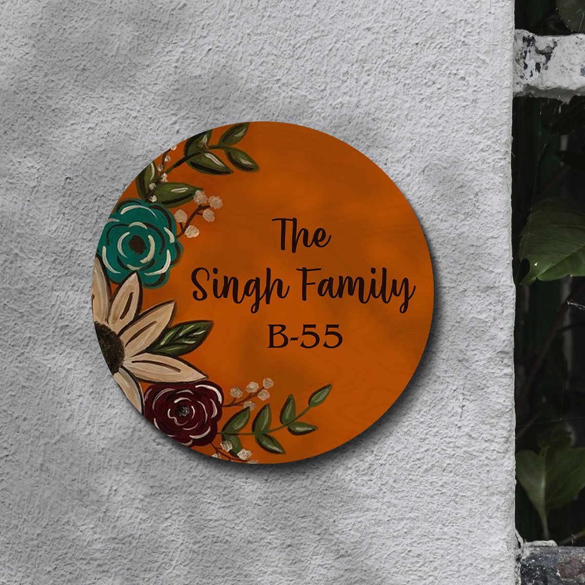 Orange-Round Circle Floral Family Name Plate for House, 12x12 Inch - Sblossom