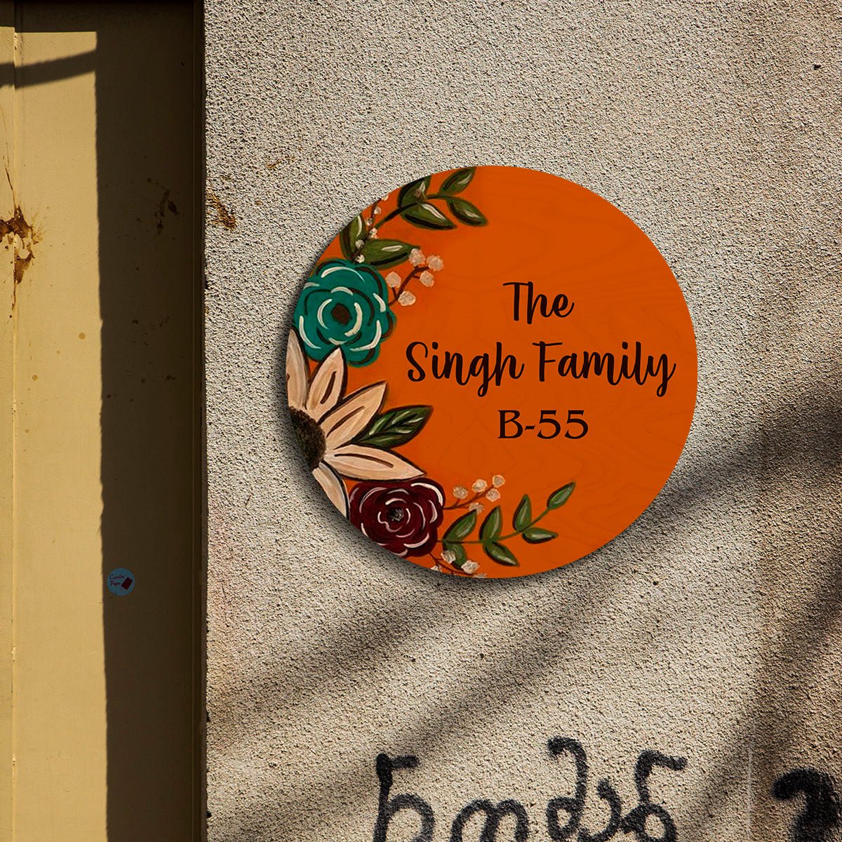 Orange-Round Circle Floral Family Name Plate for House, 12x12 Inch - Sblossom