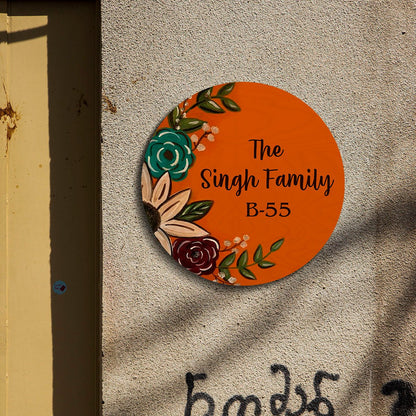 Orange-Round Circle Floral Family Name Plate for House, 12x12 Inch - Sblossom
