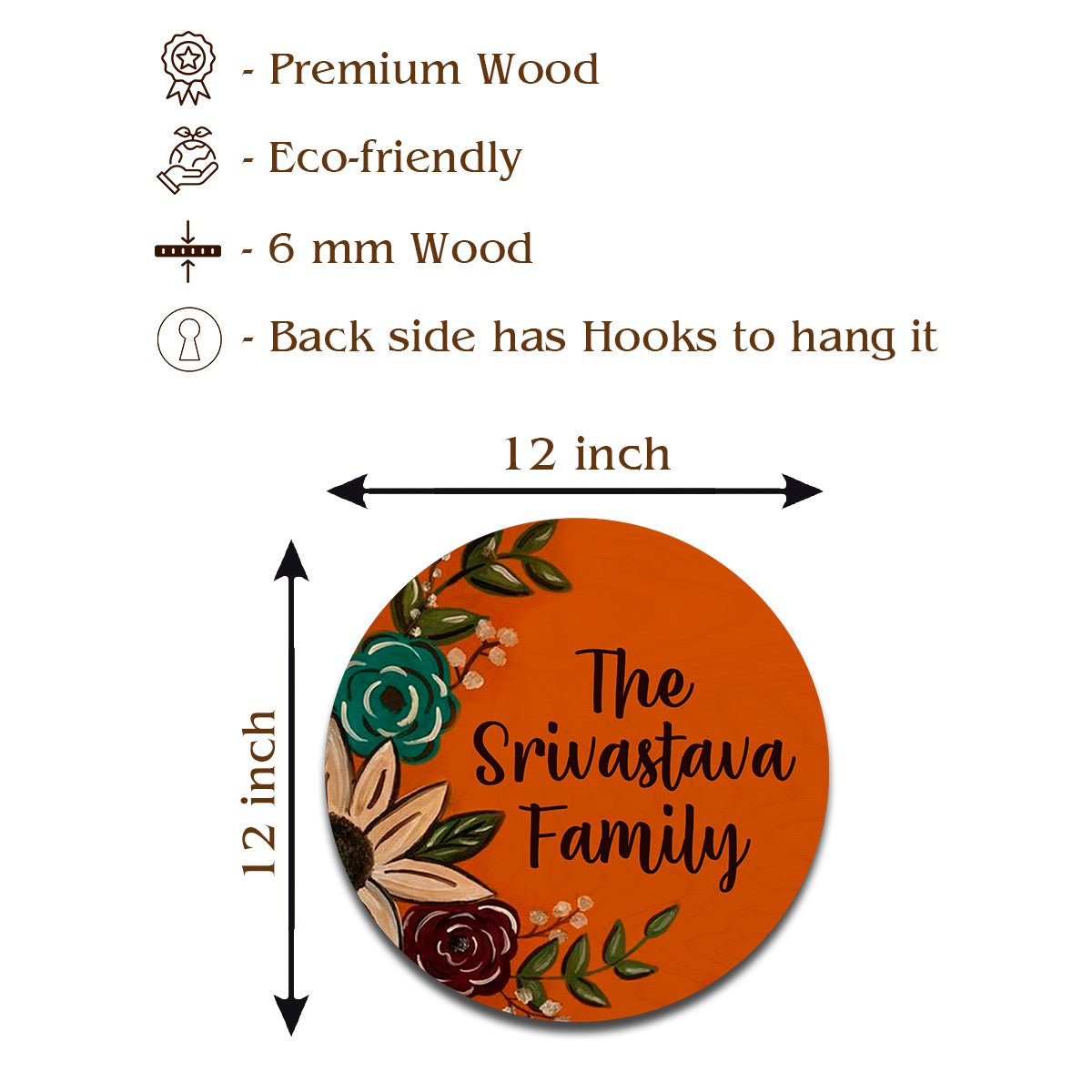 Orange-Round Circle Floral Family Name Plate for House, 12x12 Inch - Sblossom