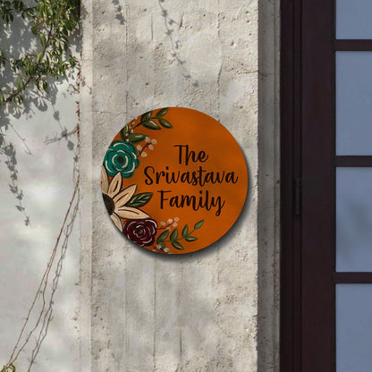 Orange-Round Circle Floral Family Name Plate for House, 12x12 Inch - Sblossom