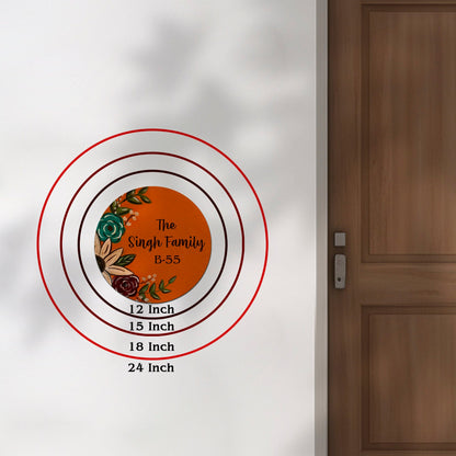 Orange-Round Circle Floral Family Name Plate for House, 12x12 Inch - Sblossom