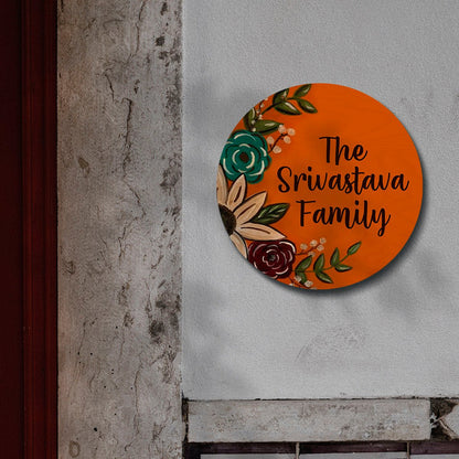 Orange-Round Circle Floral Family Name Plate for House, 12x12 Inch - Sblossom