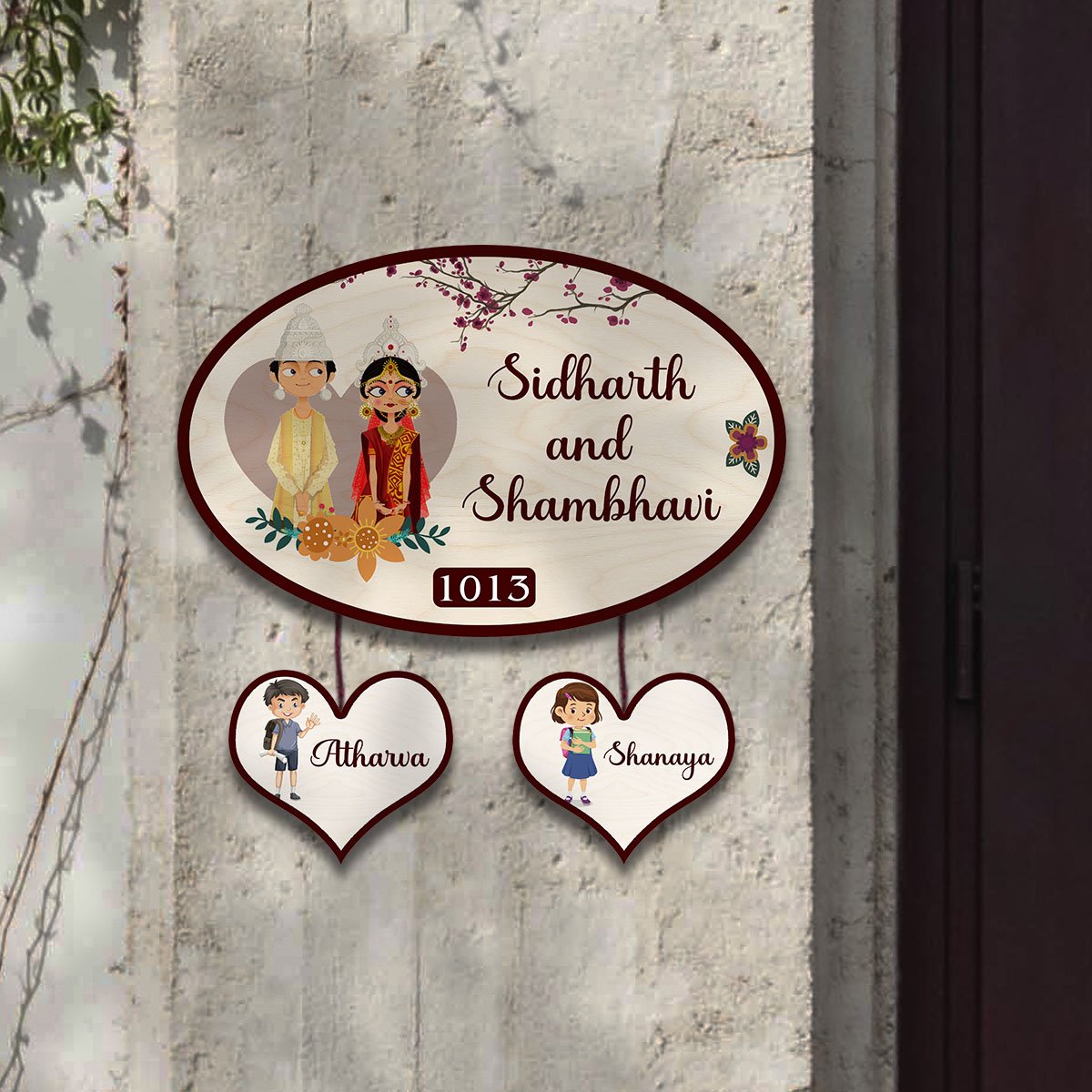 Oval Bengali Couple Name Plate for Home – Wooden Design - Sblossom