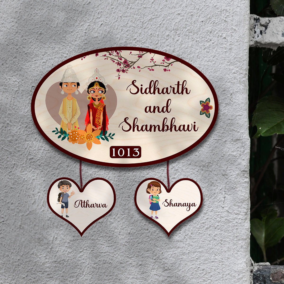 Oval Bengali Couple Name Plate for Home – Wooden Design - Sblossom