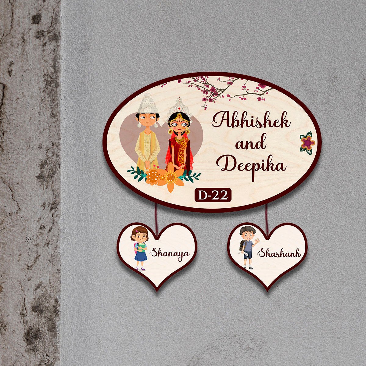 Oval Bengali Couple Name Plate for Home – Wooden Design - Sblossom