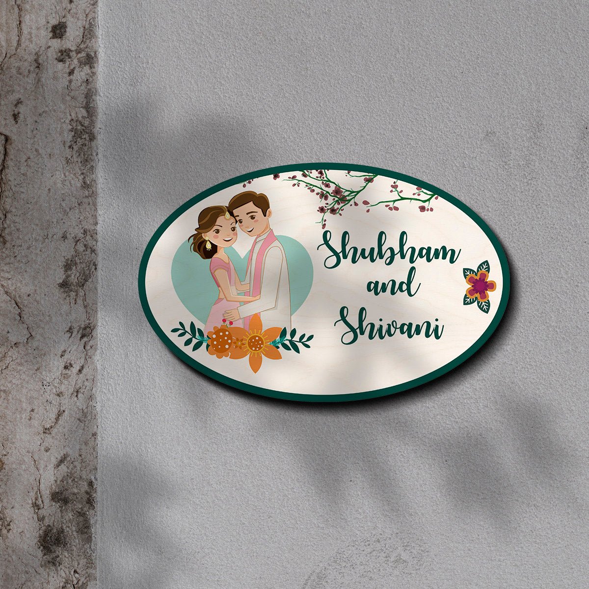 Oval Couple Wooden Floral Home Name Plate Design for Door - Sblossom