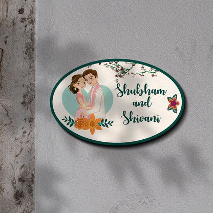 Oval Couple Wooden Floral Home Name Plate Design for Door - Sblossom