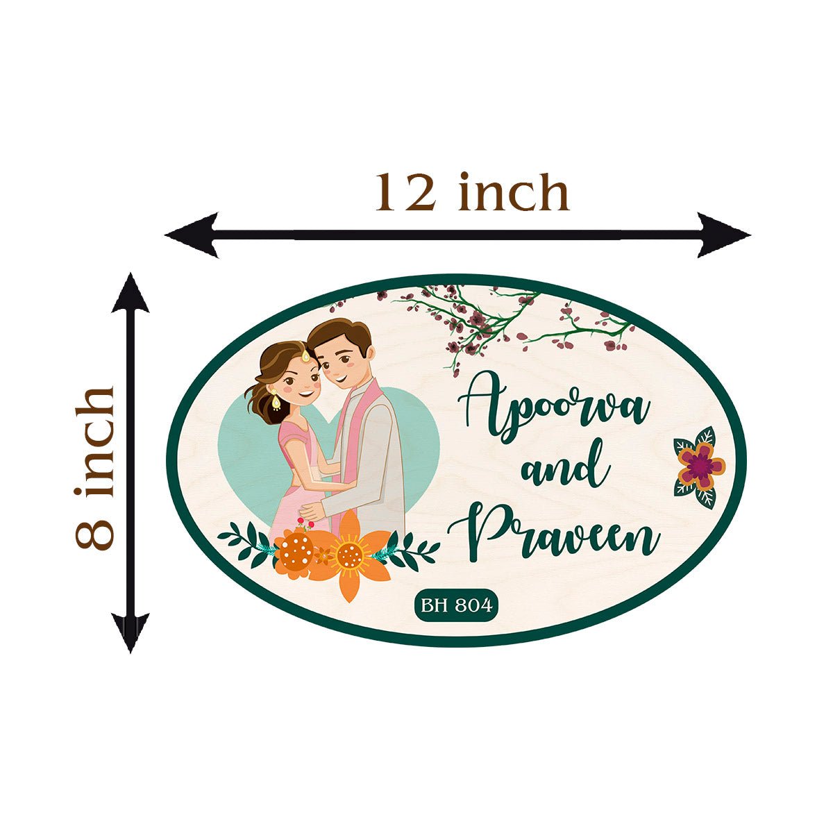 Oval Couple Wooden Floral Home Name Plate Design for Door - Sblossom