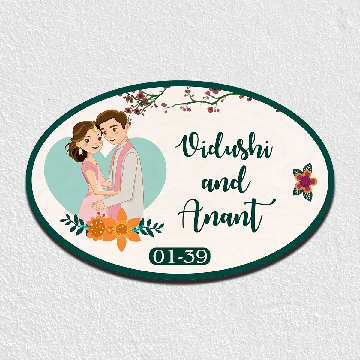 Oval Couple Wooden Floral Home Name Plate Design for Door - Sblossom