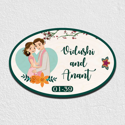 Oval Couple Wooden Floral Home Name Plate Design for Door - Sblossom