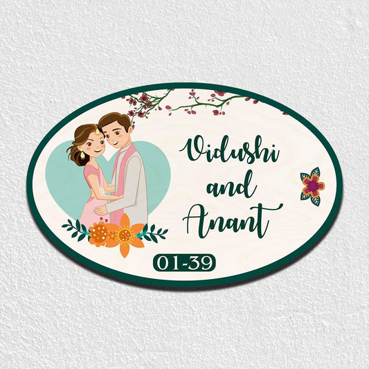 Oval Couple Wooden Floral Home Name Plate Design for Door - Sblossom