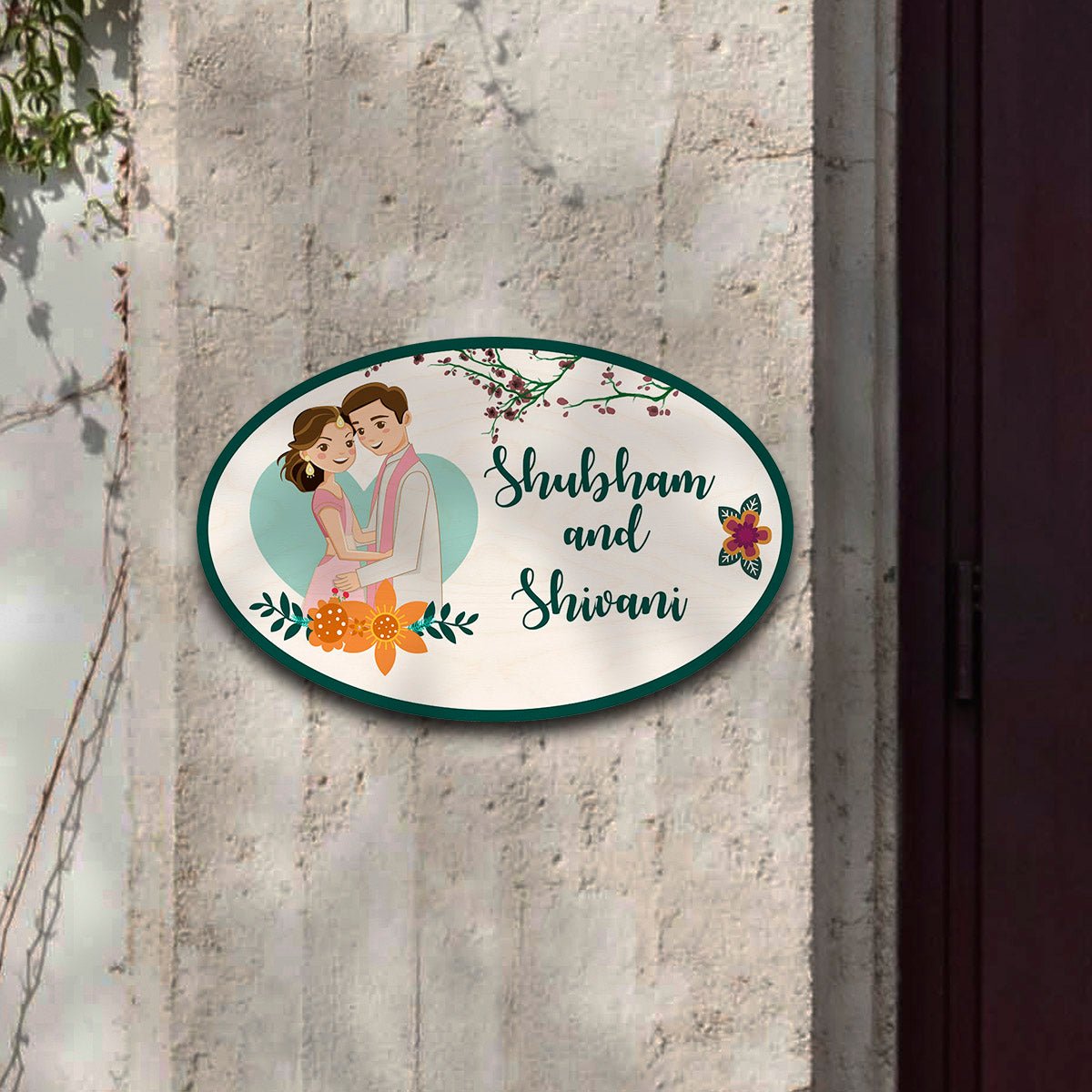 Oval Couple Wooden Floral Home Name Plate Design for Door - Sblossom
