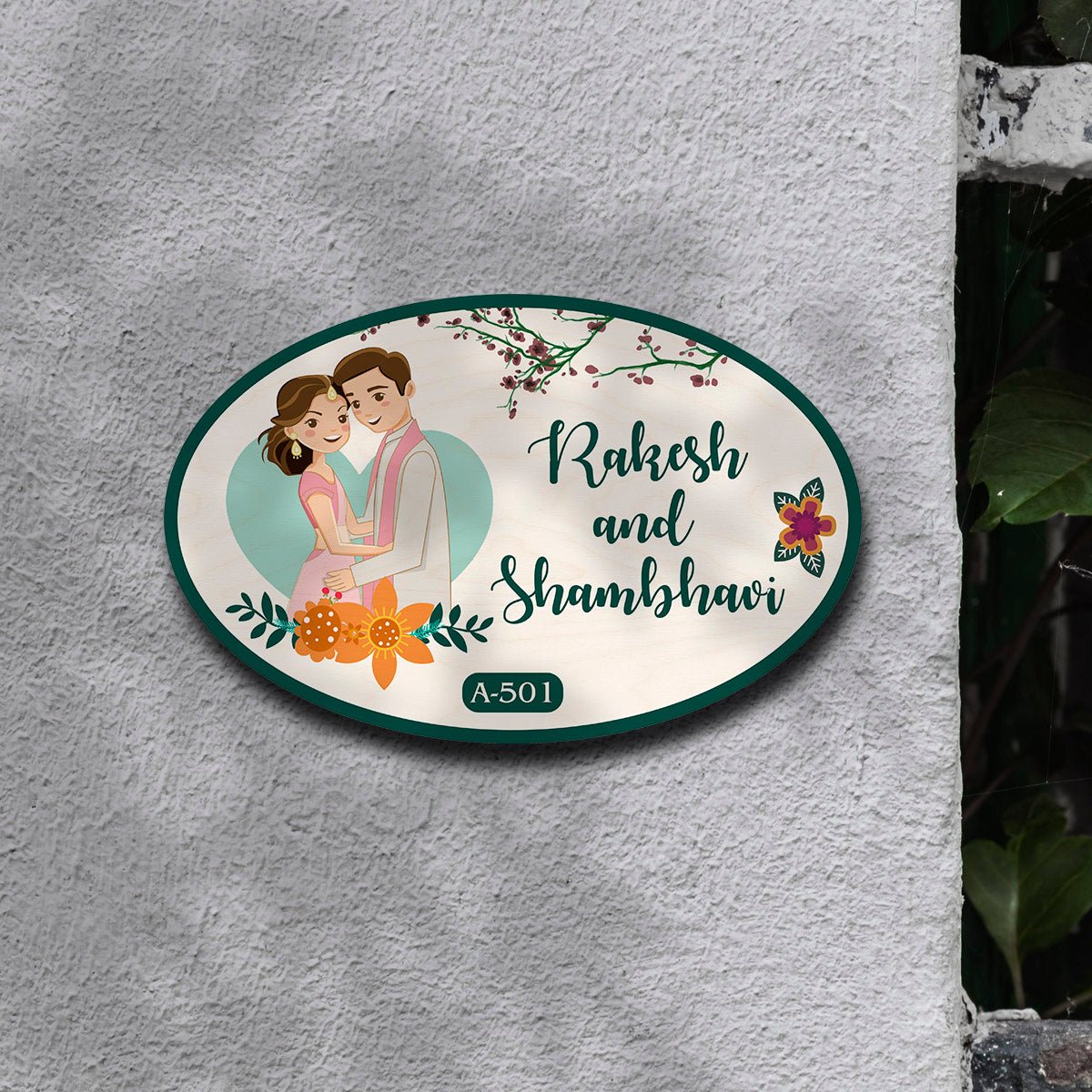 Oval Couple Wooden Floral Home Name Plate Design for Door - Sblossom