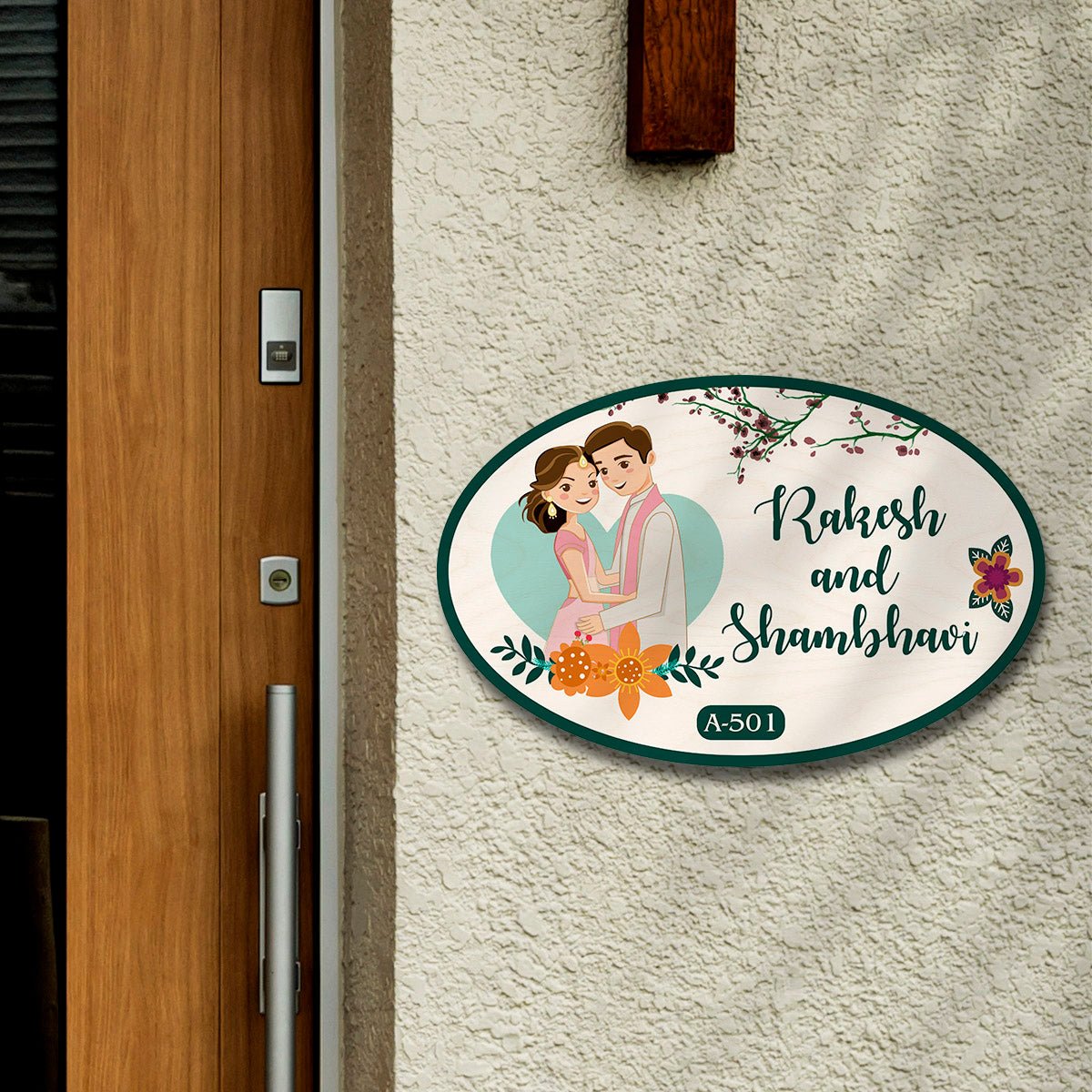 Oval Couple Wooden Floral Home Name Plate Design for Door - Sblossom