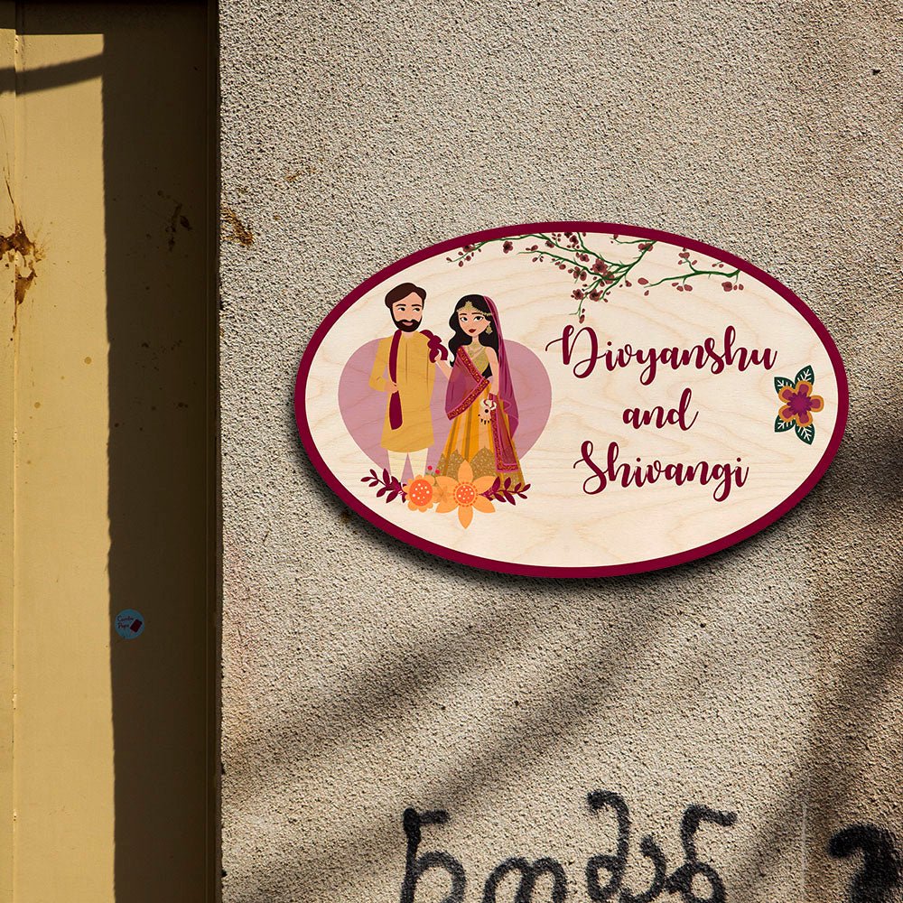Oval Desi Couple Name Plate for Home - Sblossom