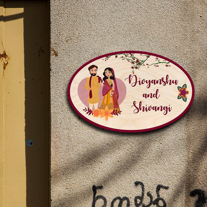 Oval Desi Couple Name Plate for Home - Sblossom