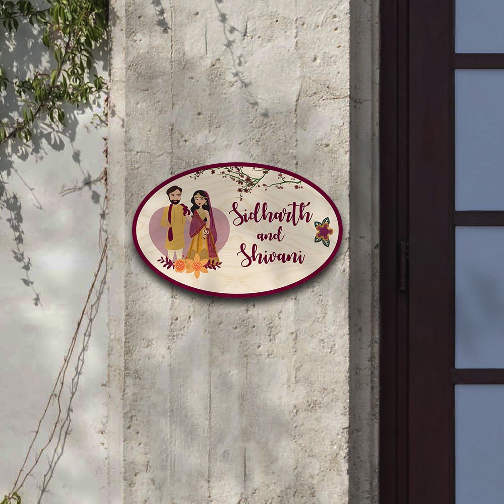 Oval Desi Couple Name Plate for Home - Sblossom