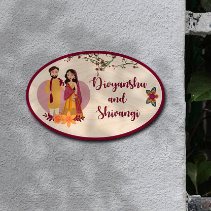 Oval Desi Couple Name Plate for Home - Sblossom
